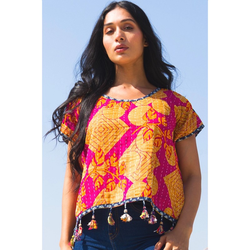 Sevya cotton Kantha crop top with intricate embroidered patterns and a comfortable, stylish fit for casual wear.