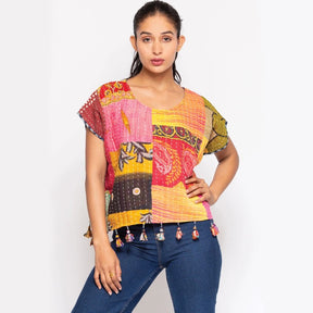 Sevya cotton Kantha crop top featuring traditional embroidered patterns and stylish design.