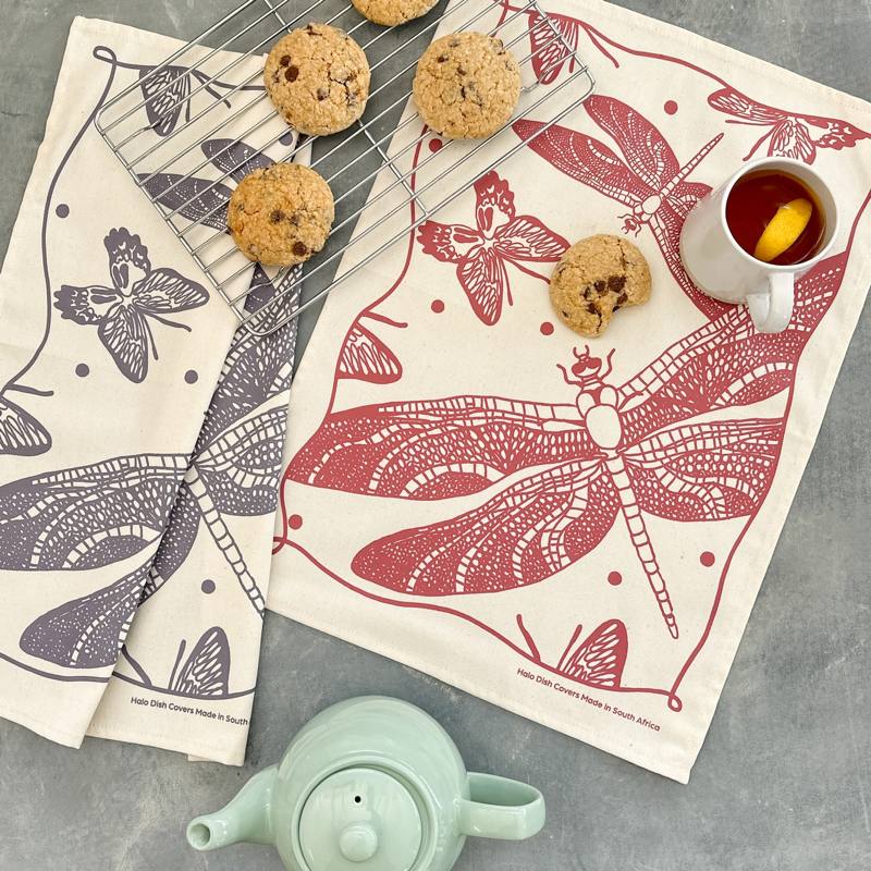 Cotton Tea Towel Butterflies and Dragonflies Roasted Red
