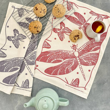 Cotton Tea Towel Butterflies and Dragonflies Eggplant