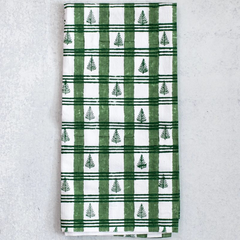 Cotton Tea Towel - Plaid Trees Evergreen & Sage
