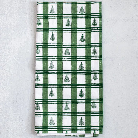 Cotton Tea Towel - Plaid Trees Evergreen & Sage