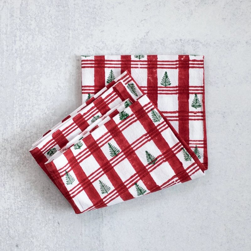 Cotton Tea Towel - Plaid Trees Red & Evergreen