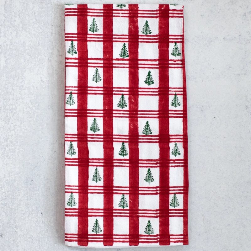 Cotton Tea Towel - Plaid Trees Red & Evergreen