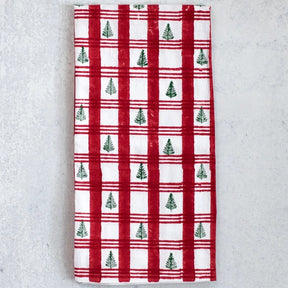 Cotton Tea Towel - Plaid Trees Red & Evergreen