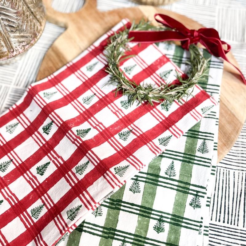Cotton Tea Towel - Plaid Trees Red & Evergreen