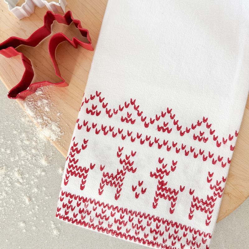 Cotton Tea Towel - Reindeer Sweater Red