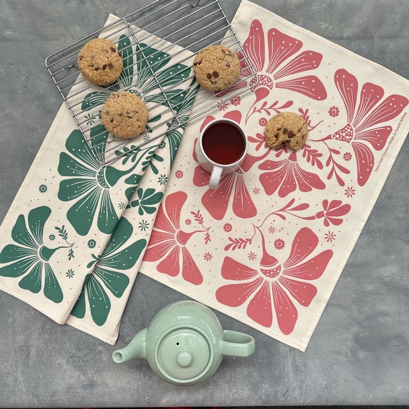 Cotton Tea Towel Retroblooms Bottle Green