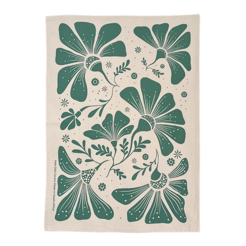 Cotton Tea Towel Retroblooms Bottle Green