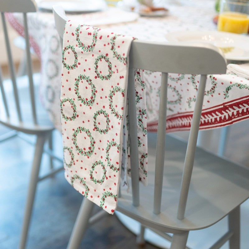 Cotton Tea Towel - Wreath Evergreen & Red