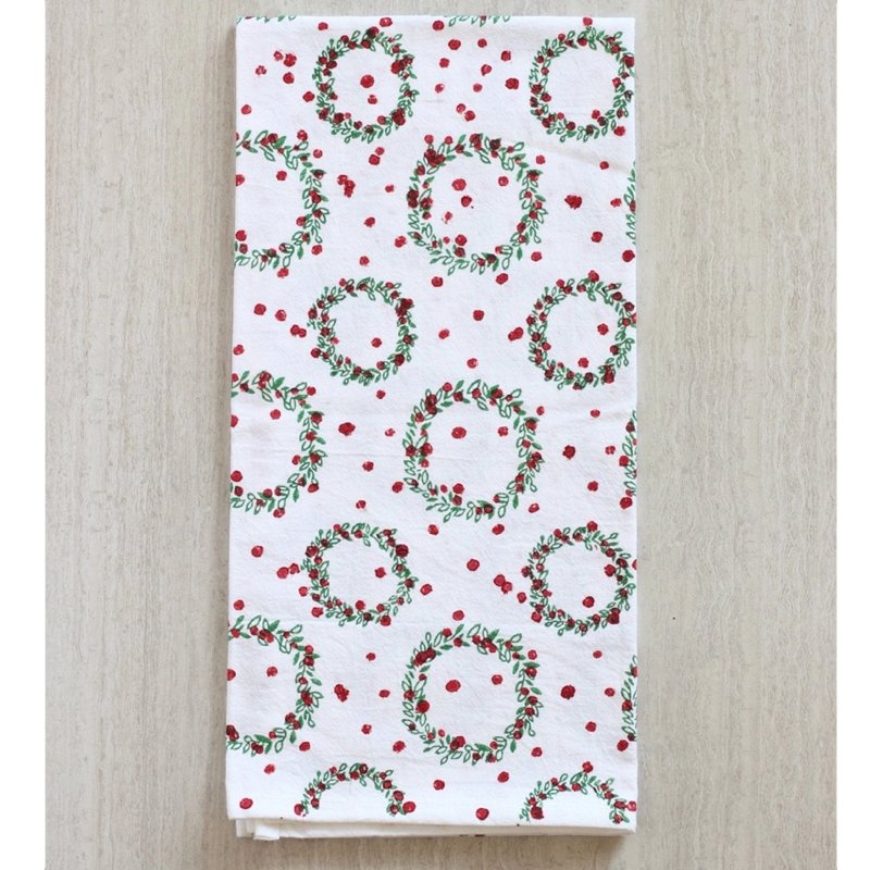 Cotton Tea Towel - Wreath Evergreen & Red