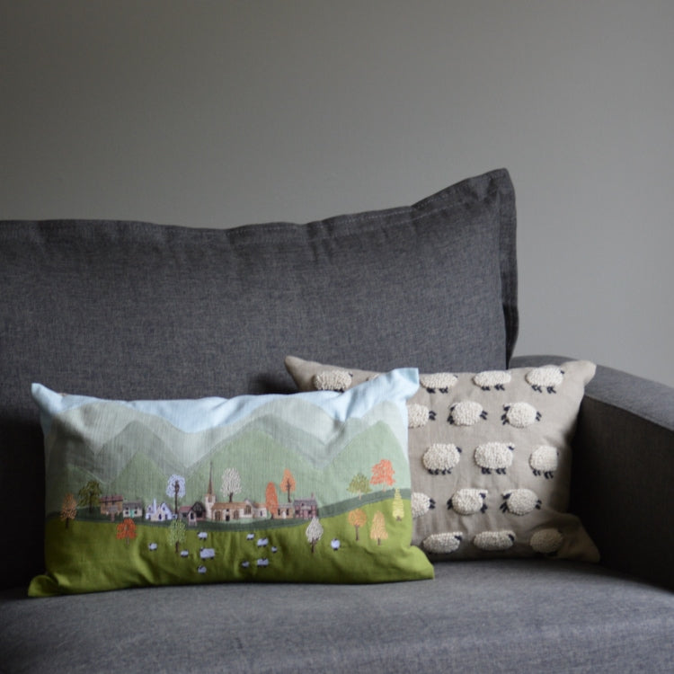 Countryside Scene and Embroidered Sheep Pillow Styled copy