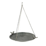 Metal bird bath with chain on a white background