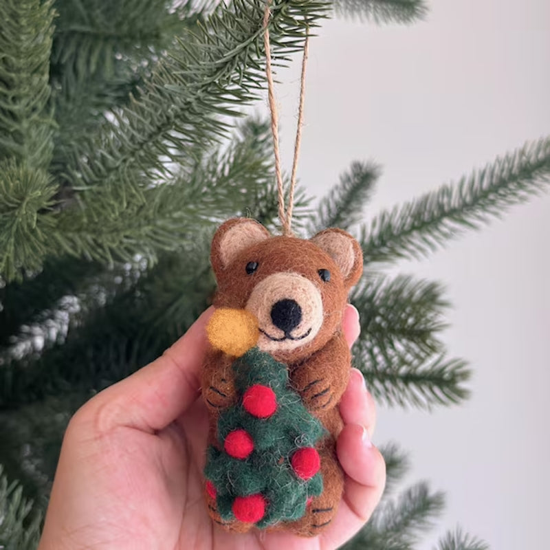 Felt Brown Bear Holding Christmas Tree Ornament