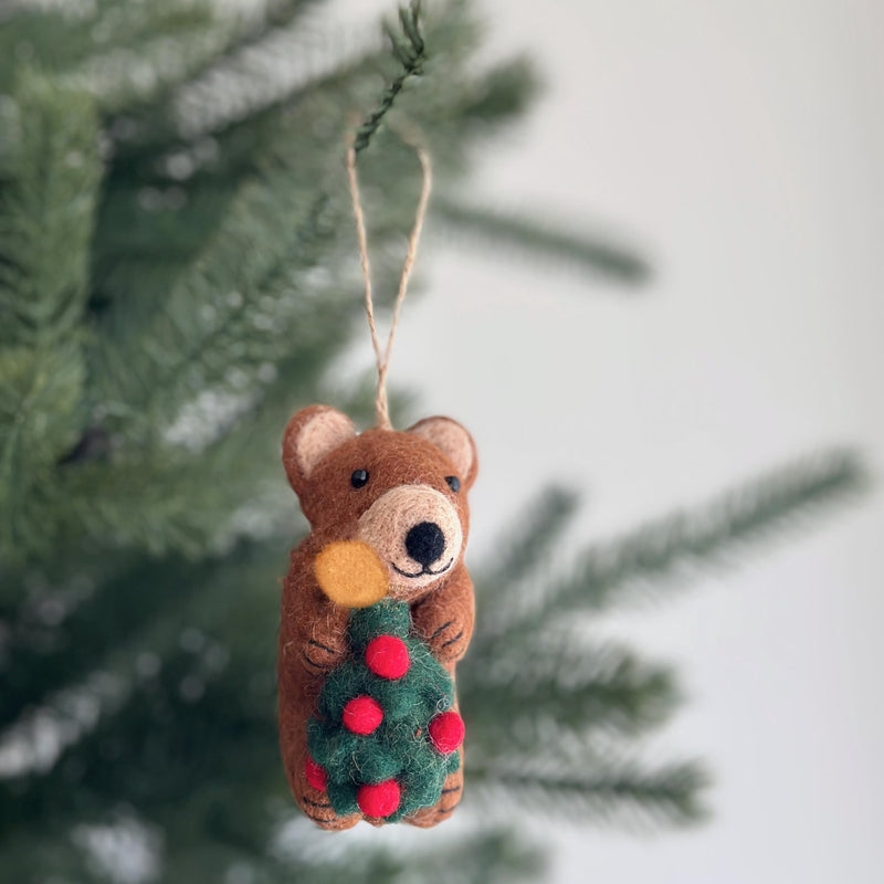 Felt Brown Bear Holding Christmas Tree Ornament