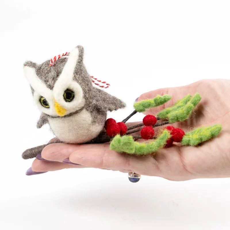 Felt Owl on a Branch with Berries Ornament