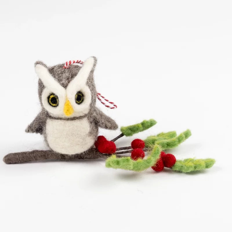 Felt Owl on a Branch with Berries Ornament