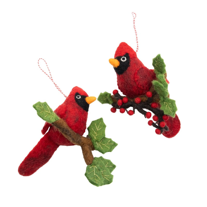 Felt Red Cardinal On Branch Ornament