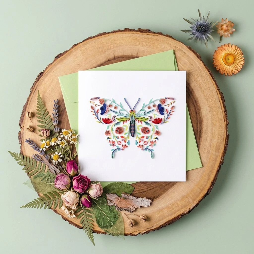 Quilled greeting card with a colorful butterfly design on a wooden surface with flowers and leaves.