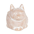 Ceramic cat-shaped object with a decorative design on a white background