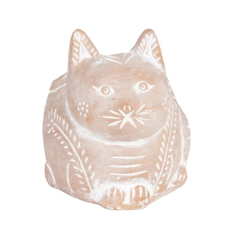 Ceramic cat-shaped object with a decorative design on a white background
