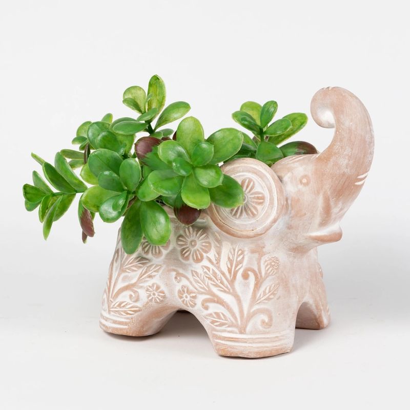 Ceramic elephant planter with green succulents on a white background