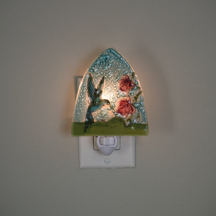 Green Hummingbird on Blue with Pink Flower Night Light