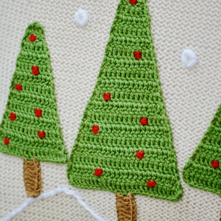 Knit Green Trees Pillow Close Up