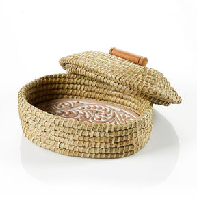 Serrv curly fern bread warmer basket with lid, woven design to keep bread warm and fresh during serving.