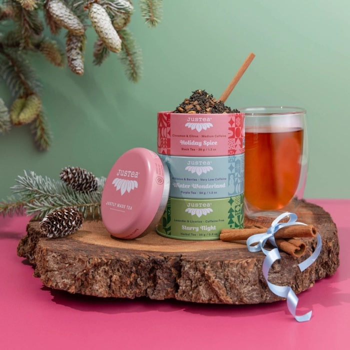 Loose Holiday Tea Trio Gift Tin styled 1, ethical holiday gifts for employees