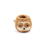 Fuzzy sloth-shaped container on a white background