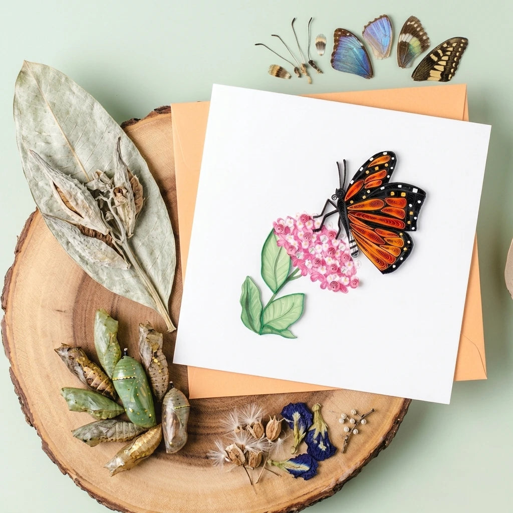 Butterfly-themed greeting card with decorative elements on a wooden surface