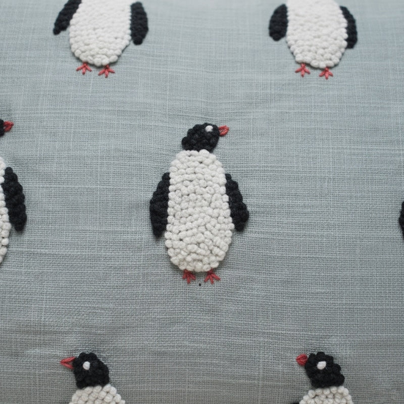 Penguin Embroidered Pillow Blue