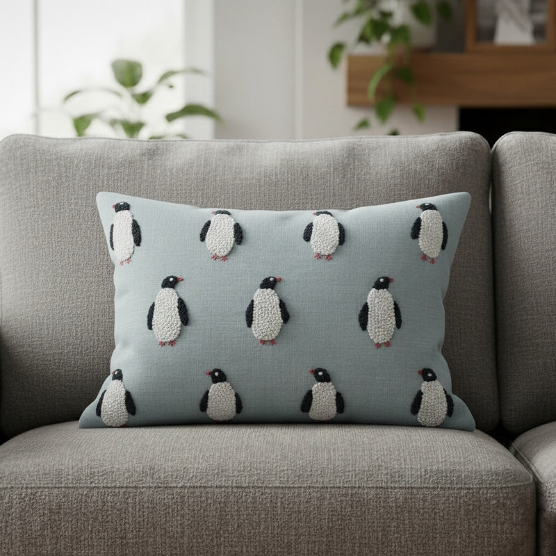Penguin Embroidered Pillow Blue