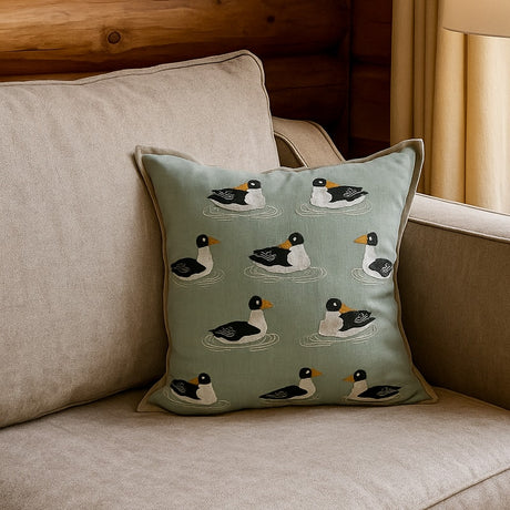 Puddle Ducks Embroidered Pillow styled
