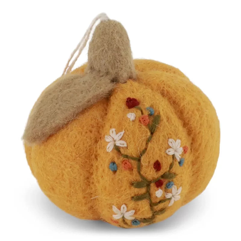 Pumpkin with Embroidery Ornament Yellow