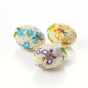 Set of three decorative butterfly quilled eggs by Serrv, featuring intricate paper art and vibrant colors for home decor.