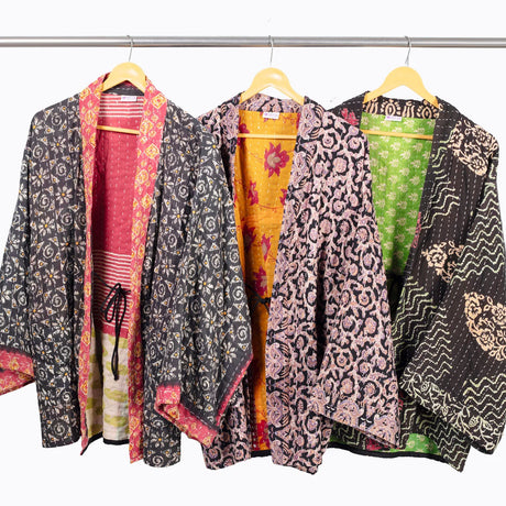 Reversible Cotton Black Kantha Kimono Jacket