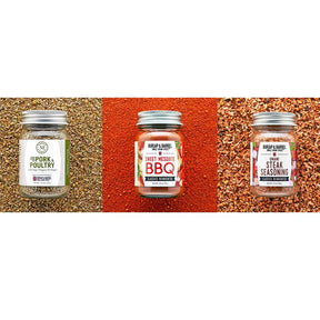 Three jars of Burlap & Barrel seasoning on a textured background