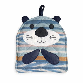 Striped pot holder with a otter face design on a white background