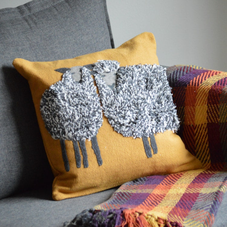 Sheep Duo Mustard PIllow Styled with Throw