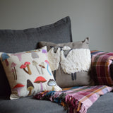 Sheep Duo and Mushroom Pillow Styled with Throw