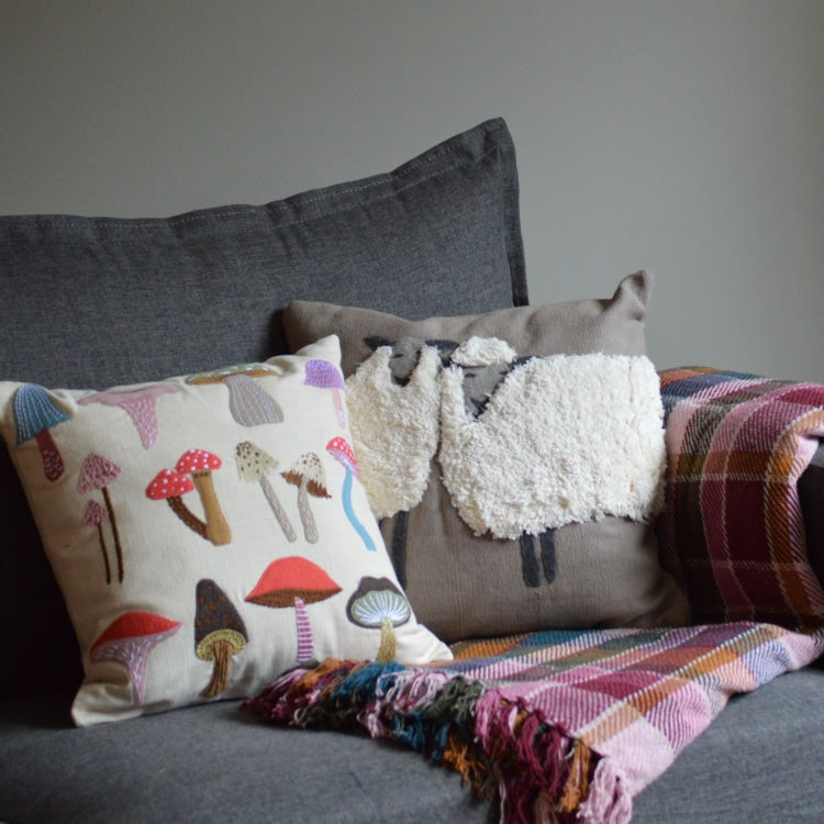 Sheep Duo and Mushroom Pillow Styled with Throw