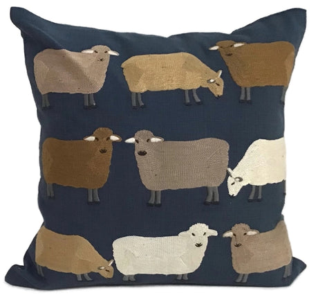 Sheep Pasture Navy Embroidered Pillow