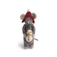Small grey Boy Mouse toy from Gry & Sif holding a snowman, featuring soft fabric and detailed craftsmanship.