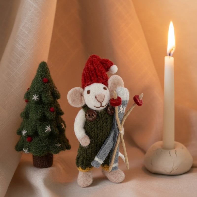 Small White Boy Mouse with Green Pants & Skis