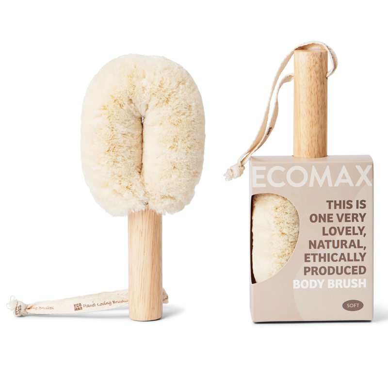 Ecomax body brush with packaging on a white background