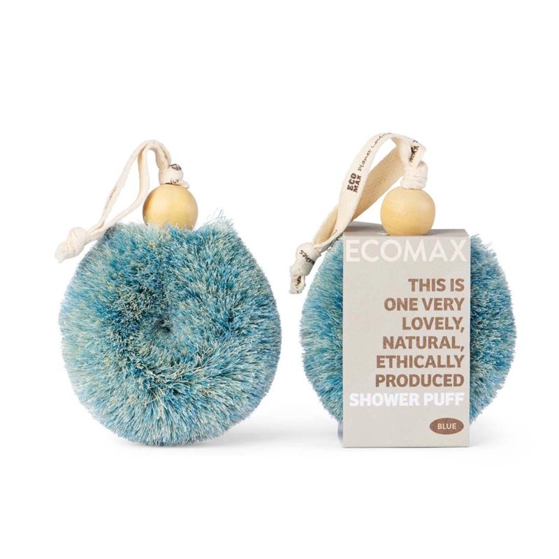 Blue shower puff with wooden handle and Ecomax packaging on a white background