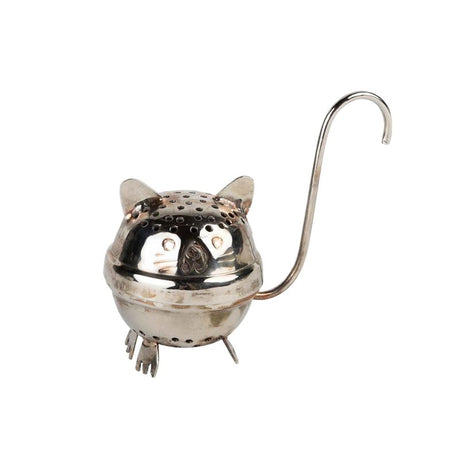 Metallic cat-shaped tea infuser on a white background