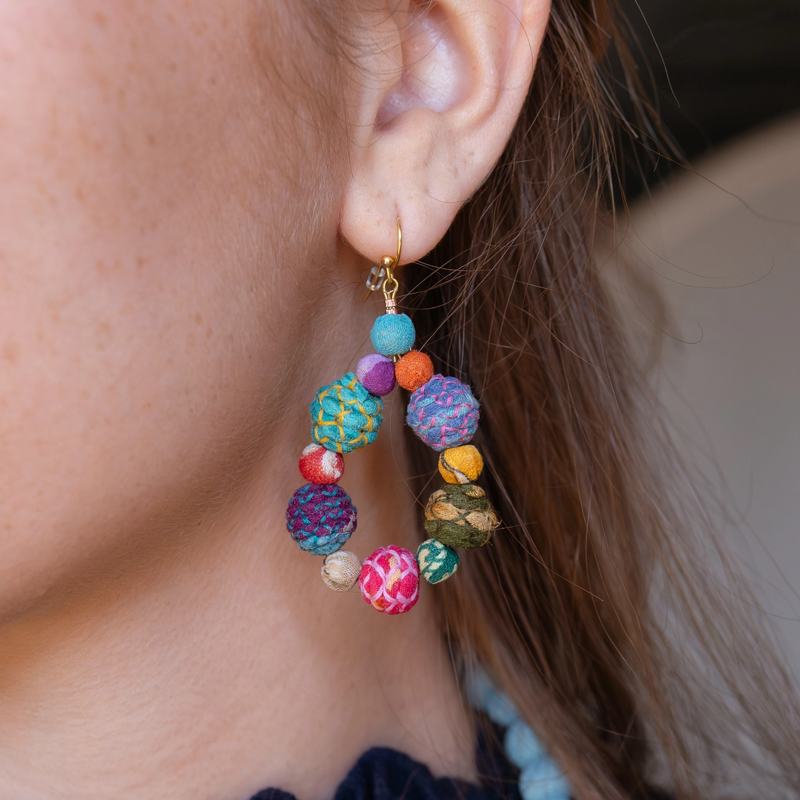 Threaded Kantha Teardrop Earrings